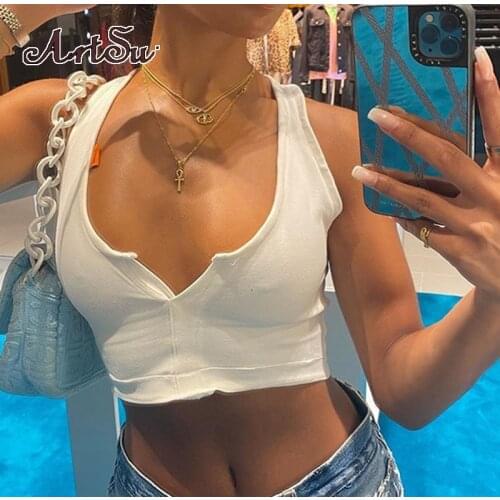 Artsu Cotton Tank Tops Women White Sexy Deep V Tank Tops for Women Streetwear 2020 Sleeveless Ribbed Knit Vest Top Cropped 70318