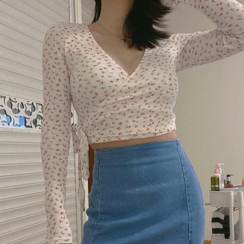 Sweet Girls Soft Cotton V Neck Shirt 2021 Summer Fashion Ladies All-match Women Small Fresh Floral Wrap Lace Top