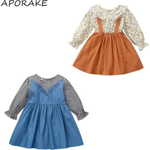 2021 0-5Y Sweet Toddler Girls Dress Peter pan Collar Floral Print Patch Long Sleeve A-line Dress Spring Autumn Kids Casual Dress