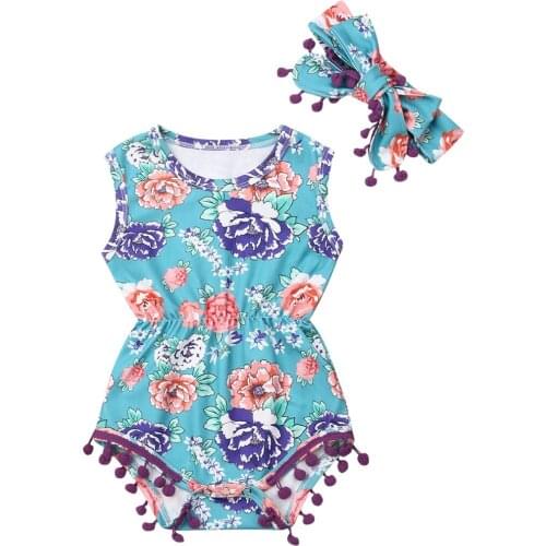 Fashion Summer Baby Girl Floral Clothes 0-24M Newborn Girls Tassel Bodysuit Jumpsuit+Headband Outfits Sunsuit 2Pcs Sets