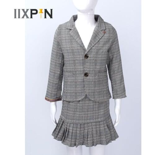 Fashion Kids Girls Clothes Sets Plaid School Uniform Outfit Long Sleeve Jacket + Pleated Mini Skirts 2Pcs Girls Suits