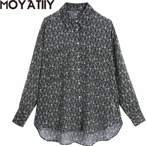 MOYATIIY Fashion 2021 Women Oversize Casual Black Shirts Irregular Flower Print Blouse Shirts Sex Lady Transparent Female Tops