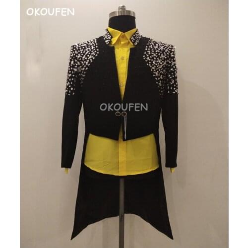 Handmade Mens Black Diamond Magic Tuxedo Dress Nightclub Bar Singer Banquet Stage Hosts Ceremony dress Show Performance wear