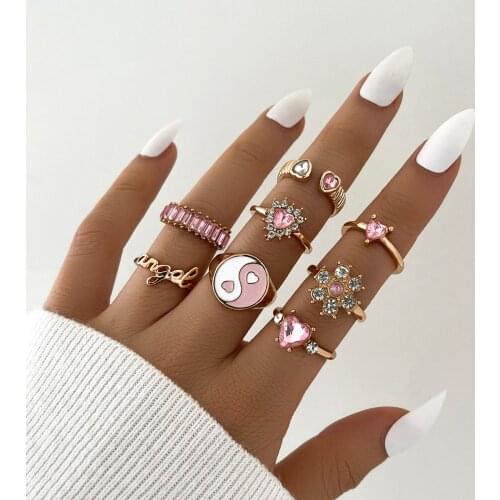 Aprilwell 6-8 Pcs Cute Metal Gold Heart Rings Set for Women Punk Letter "Angel" Shinestone Aesthetic Y2k Tai Chi Anillos Jewelry