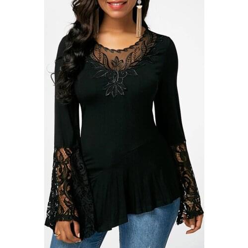 Solid Splice WomenS Lace Polo Shirts Flare Sleeve Female T-Shirt Casual Slim Ladies Tee Shirt Tops Plus Size 5XL New Spring