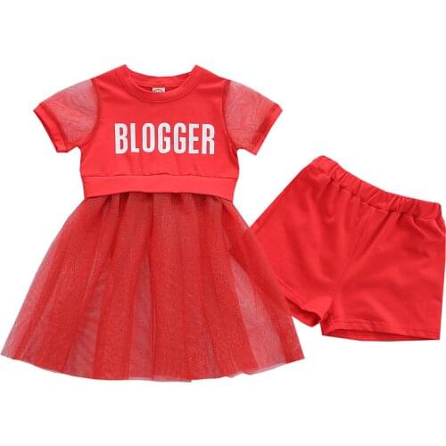 1-6Y Fashion Summer Toddler Kids Baby Girls Clothes Sets Letter Short Sleeve Patchwork Dress Top + Shorts Outfits 2pcs