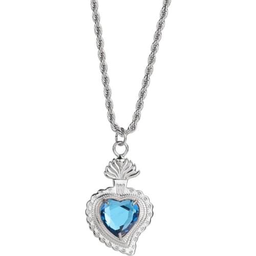 Stainless Steel Colorful Stone Blue Sea Heart Zircon Stone Pendant Necklace Women Lovers Valentines Day Gift
