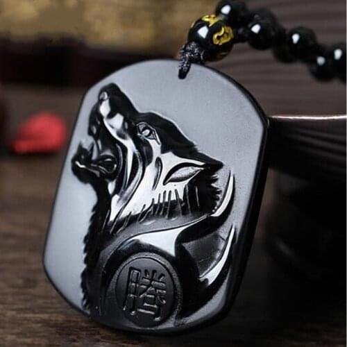 Natural Black Obsidian Beads Necklace Hand-Carved Wolf Head Jade Pendant Fashion Charm Jewellery Lucky Amulet Gifts for Men