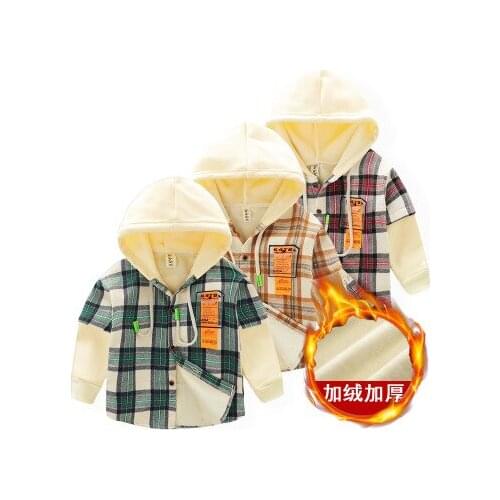 Baby Plaid Shirt Childrens Plus Velvet Shirt Fake Two Piece Spliced Sleeve Shirt 2021 Spring New Boys Top Kids Hooded Blouse