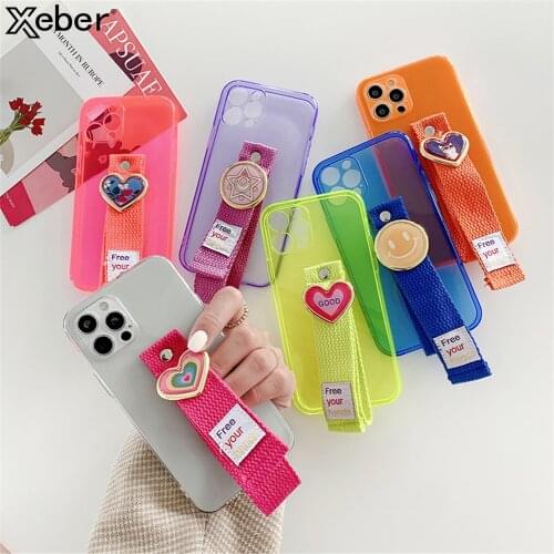 Cute Wrist Strap Lanyard Holder Clear Fluorescence Soft Silicone Phone Case For iPhone 11 12 Pro Max Mini X XS XR 7 8 Plus SE 2