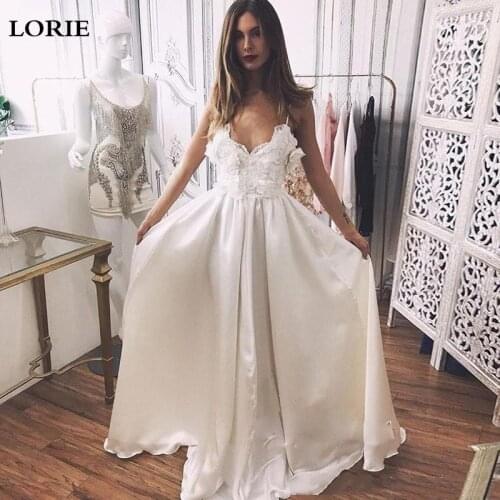 LORIE Boho Wedding Dress Satin Spaghetti Strap A Line Lace Beach Wedding Gowns vestido de noiva Plus Size