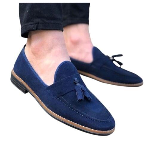 Men Genuine Navy Blue Leather Fringed Shoes Comfortable Orthopedic Casual Business Wedding Use Flexible High Quality Sole