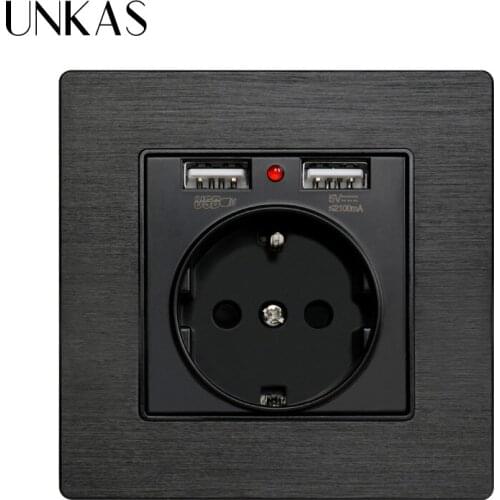 UNKAS Black Aluminum Metal Panel Dual USB Charging Port 2.1A 16A Russia Spain Wall Socket EU Power Outlet R8 Series