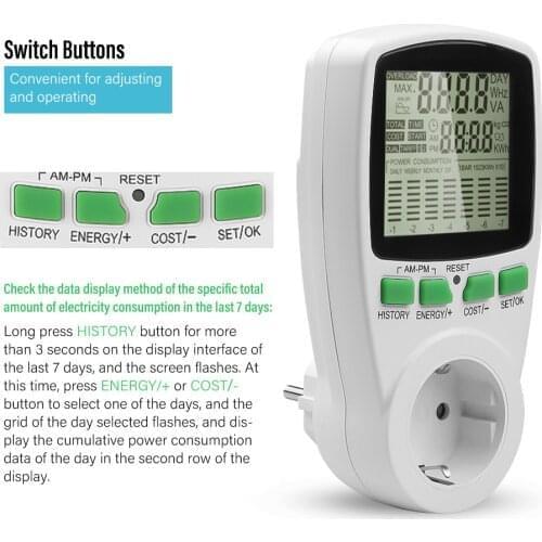 220v Digital Wattmeter EU Plug Power Meter Electricity Cost Diagram Measuring Outlet Power Analyzer