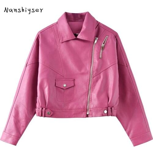 Rose Red Faux PU Leather Short Jacket Women 2021 Autumn New Korean Loose Long-sleeve Jacket Vintage Motorcycle Streetwear Jacket