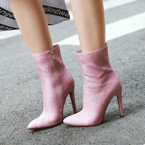 Winter Women Ankle Boots Sequined Cloth Thin High Heel Ladies Autumn Winter Short Boots with Zipper Women Shoes Large Size 34-43