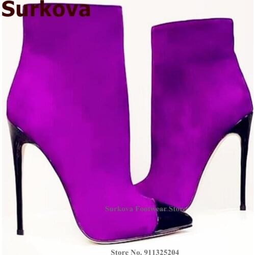 Surkova Women Purple Sued Patchwork Ankle Boots Black Stiletto Heels Pointed Toe Dress Shoes Colorized Elegant Booties Size46