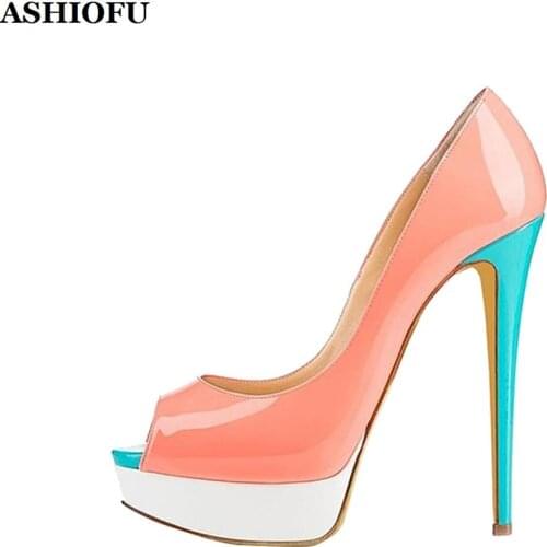 ASHIOFU Handmade Women High Heel Pumps Patchwork Leather Sweet Party Prom Dress Shoes Peep-toe Evening Fashion Court Shoes