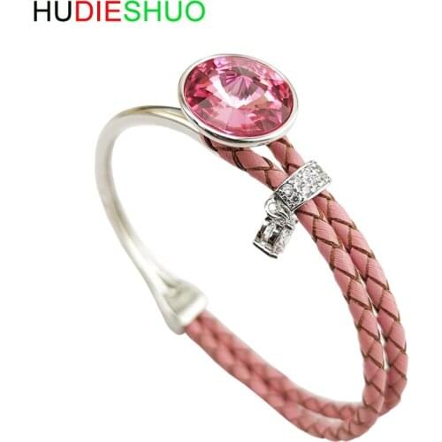 HUDIESHUO 2019 Woman Bracelet and Bangles Elegant Crystal Genuine Leather Pink Bracelet Femme accesorios mujer