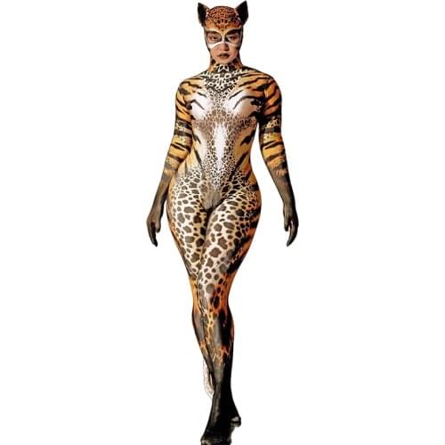 Cat Print Skinny Jumpsuit Sexy Zentai Female Party Outfit Women Party Show Performance Stage Wear Halloween Cosplay Costume