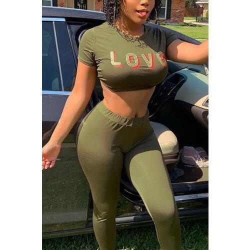 Green Letter Printed Loungewear Women Sets Clothes Summer 2021 New Product T-Shirt Top And Jogger Leggings Track Suit Wholesale