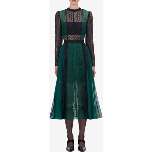 High Quality Spring Autumn Self Portrait Runway Elegant Vintage Long Dress Women Lace Patchwork Chiffon Party Dresses Vestido