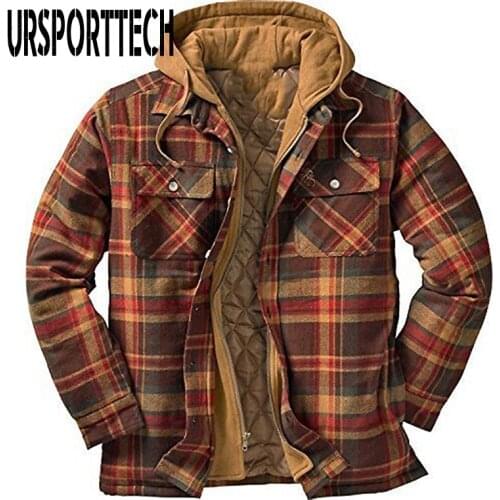 Winter Shirt Men Plaid Fleece Cotton Casual Long Sleeve Shirts Oversized 5XL Outerwear Thick Warm Men Shirt Hooded Chemise Homme
