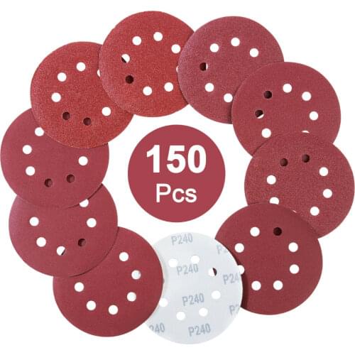 150PCS 5Inch Sanding Discs Hook and Loop 8 Holes Random Orbital Sander Sandpaper