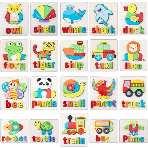 2in1 wooden puzzles for kids educational and learning montessori materials Cartoon Animals Kids Cognitive Jigsaw spelling Puzzle