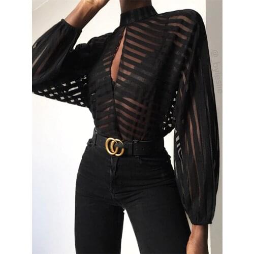 2020 Women Elegant Basic Black Casual Shirt Female Stylish OL Work Top Stripes Keyhole Front Mesh Blouse