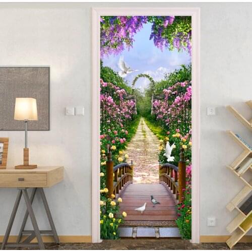3D Door Sticker Wall Mural Art Beautiful Flowers Poster Wallpaper Stickers Self Adhesive Removable Wall Papers Home Door Decals