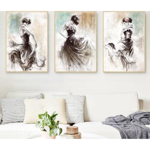 Abstract Dancing Girl Poster Hand Painted Oil Painting on Canvas Wall Art Print Wall Pictures for Living Room Decor Frameless