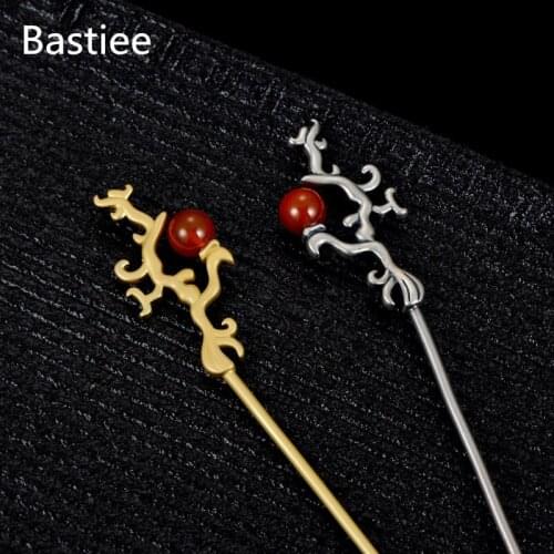 Bastiee 925 Sterling Silver Hair Stick Women Red Agate Silvery Golden Plated Dragon Ethnic Hair Step Shake Hmong Luxury Hairpin