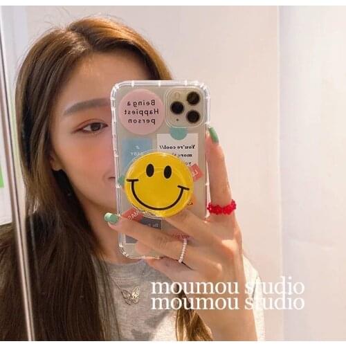 For iPhone 12 Pro Max Case Cute Smile Face Letter Mirror Plated Grip Ring Phone Holder Cover for iPhone 11 Pro XR X XS 7 8 Plus