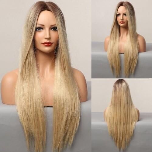 ALAN EATON Long Silk Straight Ombre Brown Blonde Golden Synthetic Wigs for Women Heat Resistant Natural Middle Part Hair Wigs