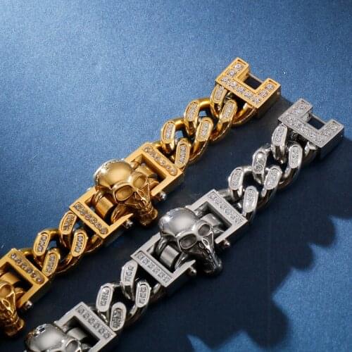 Jewels Store Punk Skull Charm Bracelet Men 20cm Luxury Stainless Steel & Cubic Zircon Gold Cuban Chain Pulsera Jewelry For Man