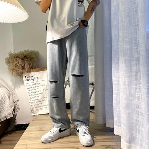 Mens straight mens distressed jeans with holes and loose pants clothes streetwear ropa de hombre Factory Hot Sale 2021