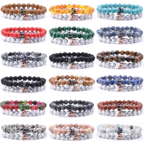 Hot Fashion 2pcs/set Lava Stone Pave CZ Imperial Crown And Helmet Charm Bracelet For Men Women Bracelet Jewelry Pulseira hombres