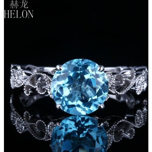 HELON Solid 10K White Gold Flawless Round 7mm Genuine Blue Topaz Diamonds Engagement Ring Women Art Deco Fine Jewelry Best Gift