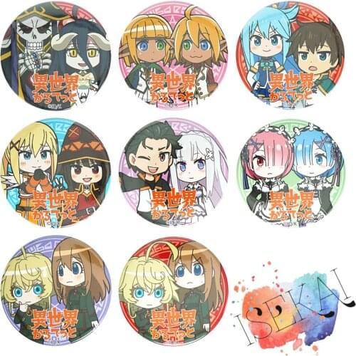 Isekai Quartet Anime Konosuba Rezero Overlord Megumin Aqua Tanya Albedo Rem Emilia Group Photo Metal Badge Brooch Pins