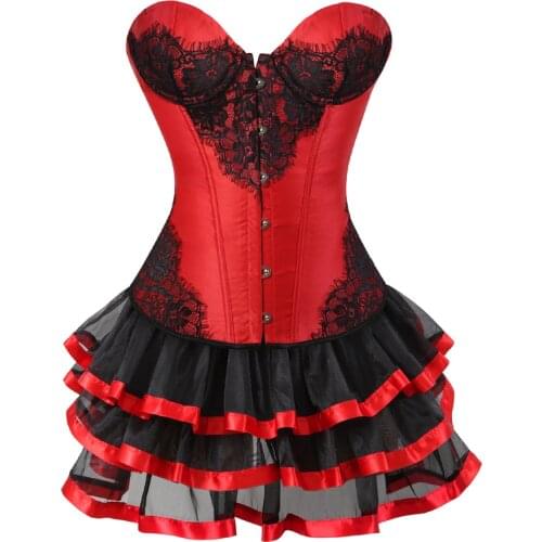 Corset Bustier with Mini Skirt Steampunk Satin Lace Overlay Gothic Plus Size Corselete Sexy Dress for Women Party Club Night
