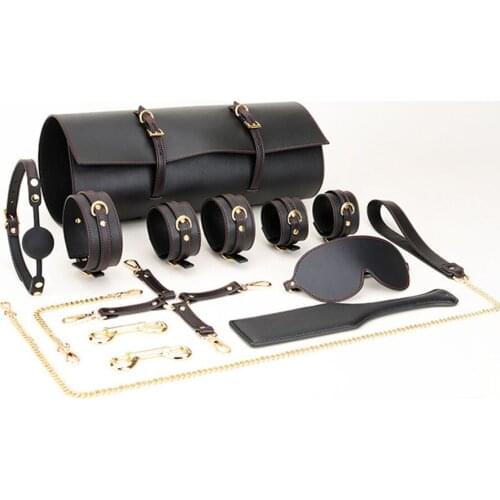 Adult Games Leather BDSM Kits Bondage Sex Toys for Couples Handcuff Ankle Cuffs Collar Gag Slave Kinky Restraints Set
