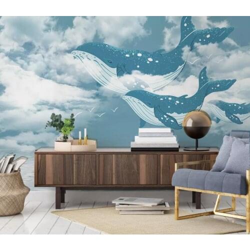 Nordic creative Mediterranean Sea sky whale children room background wall custom mural wallpaper
