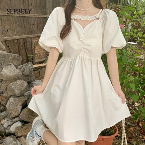 SLPBELY Summer Sweet Dress For Women Slash Neck Off Shoulder Puff Sleeved Ruffle Dress A-Line Spaghetti Strap Dress Vestido New