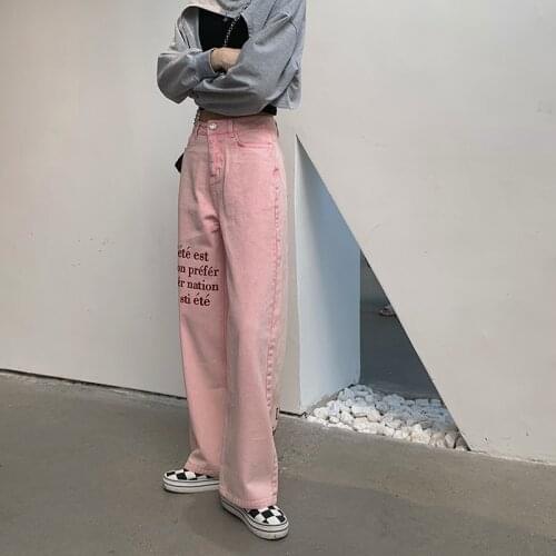 Summer Pink Straight Jeans High Waist Wide Leg Pants Letter Print Denim Trousers Street Clothing Casual Womens Pink Jeans