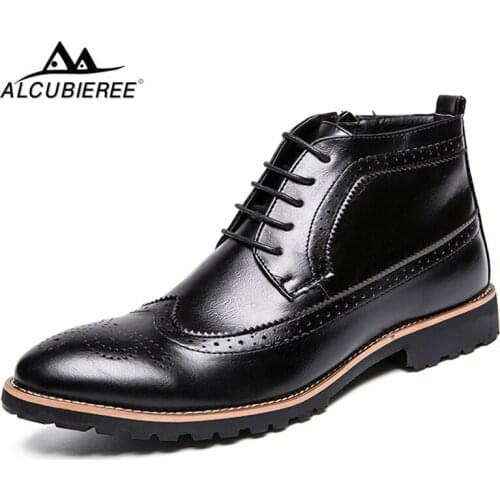 ALCUBIEREE Brand Men Fashion Chukka Boots Male Lace-up Brogue Style Ankle Shoes Casual Leather Zipper Chelsea Boot Big Size 45