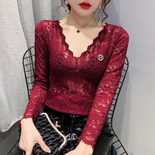 NEW 2021 Spring Autumn Long Sleeve Lace Tops Fashion Casual V-Neck Womens T-Shirt Elegant Slim Female Blusas