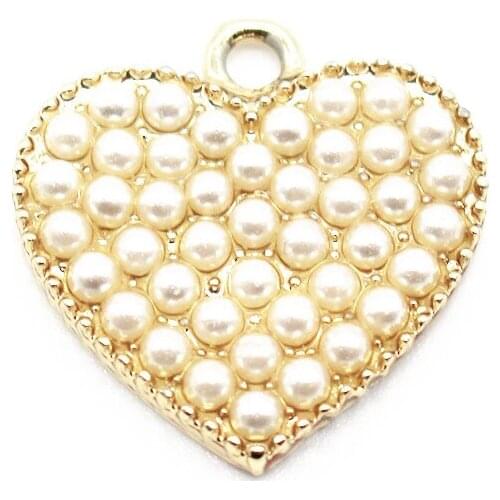 Wholesale 20pcs/lot Meatl Gold Heart Full Pearl Dangle Charms Fit Women Earring Necklace Bracelet DIY Jewelry