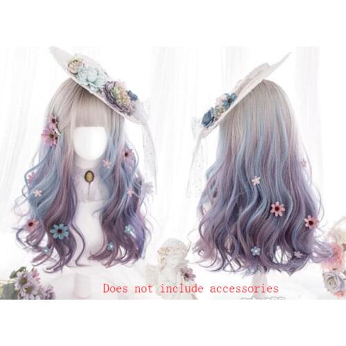 Anime 75CM Long Wave Synthetic Curly Lolita Cosplay Harajuku Fairy Ombre Colorful Wig with Bangs Sweet Fringe Girls Natural Hair