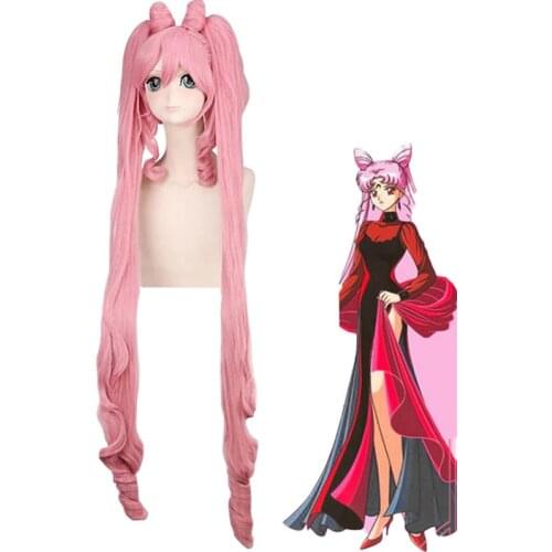 Anime Sailor Moon Chibiusa Wig Cosplay Costume Pink Long Heat Resistant Synthetic Hair Halloween Costume Party Role Play wigs